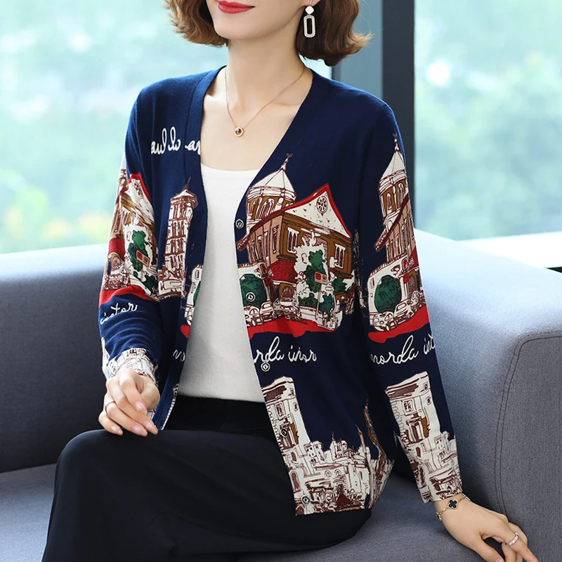 

Print Female Cardigan Autumn Spring Knitted Sweaters Women Korean Fashion Long Sleeve Tops V Neck Lovely Cardigans Women