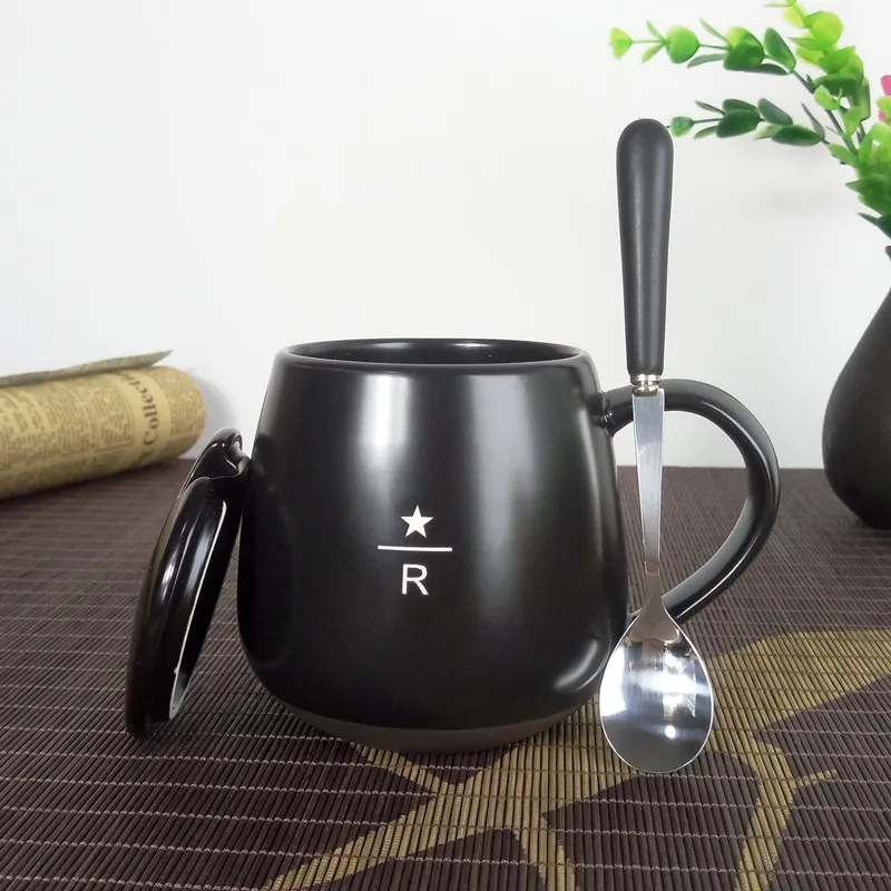 New Large Capacity Creative Gift Mugs With Lid Spoon Black Mug Ceramic Cup Coffee Home Office Drinkware Unique 5ZDZ118 | Дом и сад