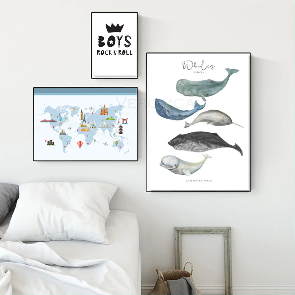 

Cartoon Animals World Map Wall Poster for Kids Boy Bedroom Decor Nursery Child Rainbow Whale Boys Rock Print Canvas Painting