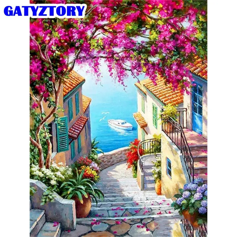 

GATYZTORY Frame Seaside Houses Painting By Numbers Kits For Adults Handmade Unique Gift Acrylic Oil Painting Color Linen Canvas