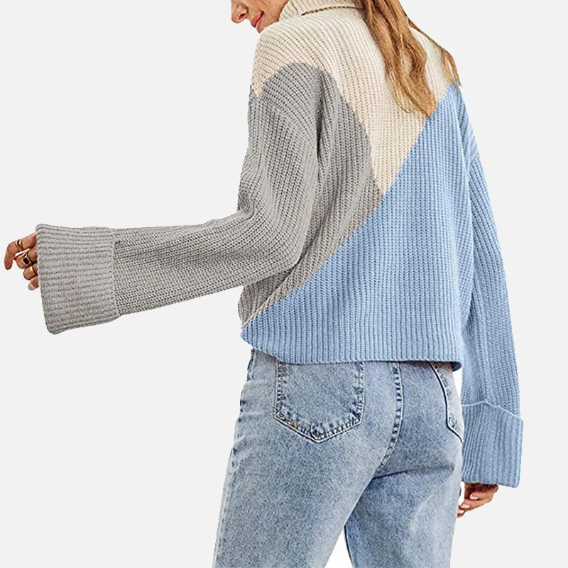 

Knitted Ribbed Turtleneck Women's Sweaters Long Sleeve Patchwork Panelled Pullover For Women Autumn Winter Casual Ladies Sweater
