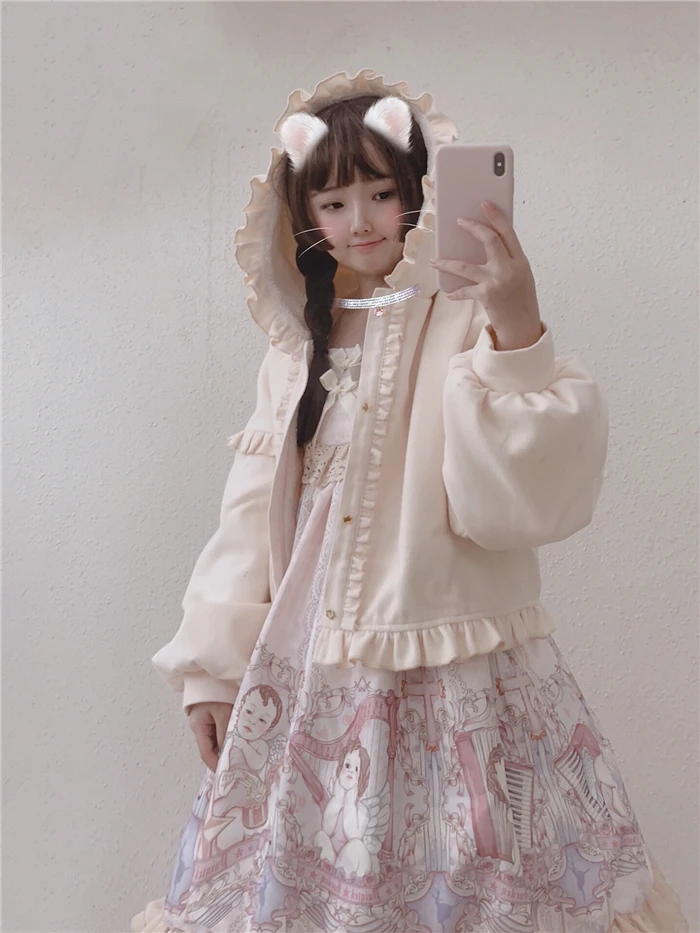 (Coat) Beige 3 цвета, осенне-зимнее пальто в стиле Лолиты для женщин, милая накидка с капюшоном для девочек, бархатная утепленная одежда в стиле Лолиты с рукавами-фонариками - Цвет: (Coat) Beige