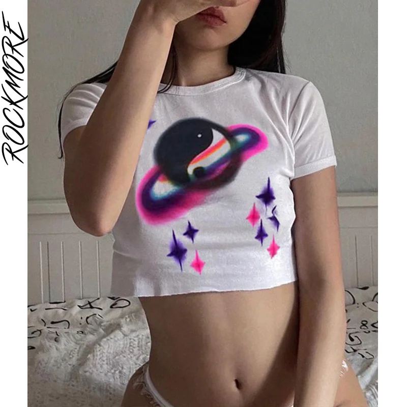 

Rockmore Casual Print Crop Top Women Y2K Aesthetic T Shirt 2000s Streetwear Basic Short Sleeve Graphic Baby Tee Korean Clothes