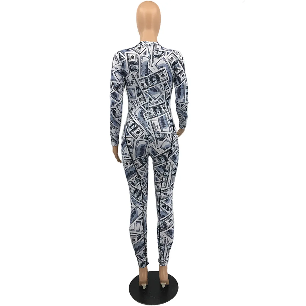 

Dollar Print Body Rompers Womens Jumpsuit Sexy O Neck Long Sleeve Pencil Pants Bodycon Jumpsuit Women Overalls Plus Size 4XL