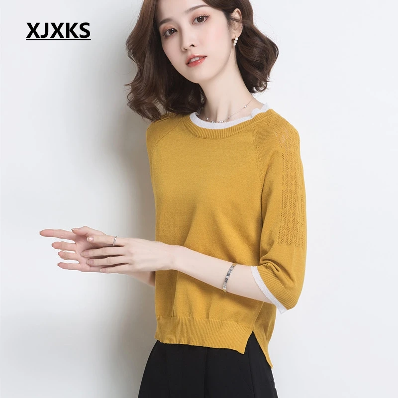 Женская трикотажная Базовая футболка с круглым вырезом XJXKS повседневная