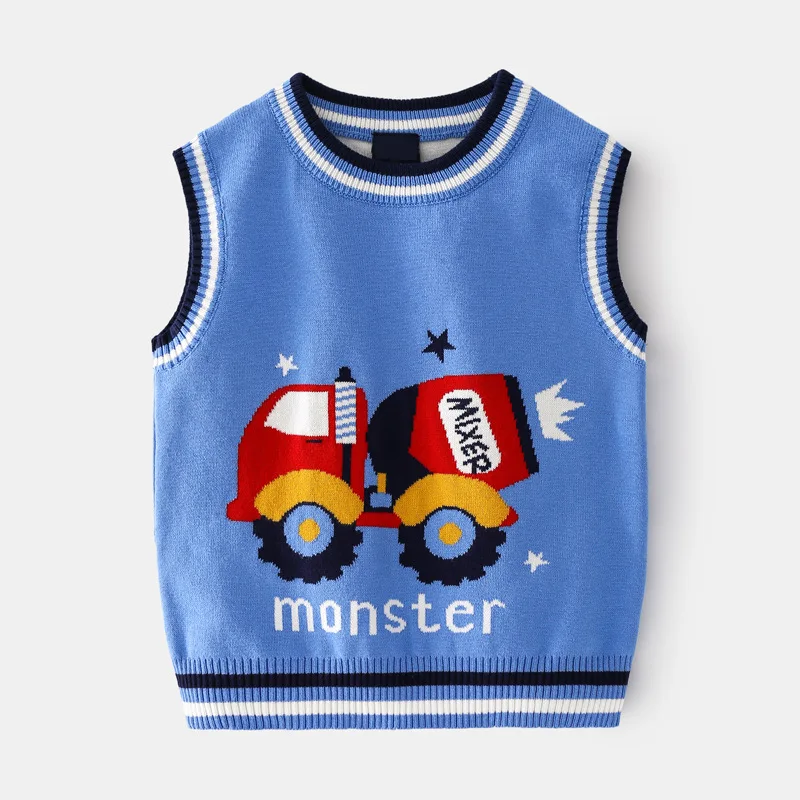 

Toddler Boy Knitted Vest Tops Spring Baby Cartoon Knitwear Children Sleeveless Concrete Car Knit Sweater Fall Winter Clothes