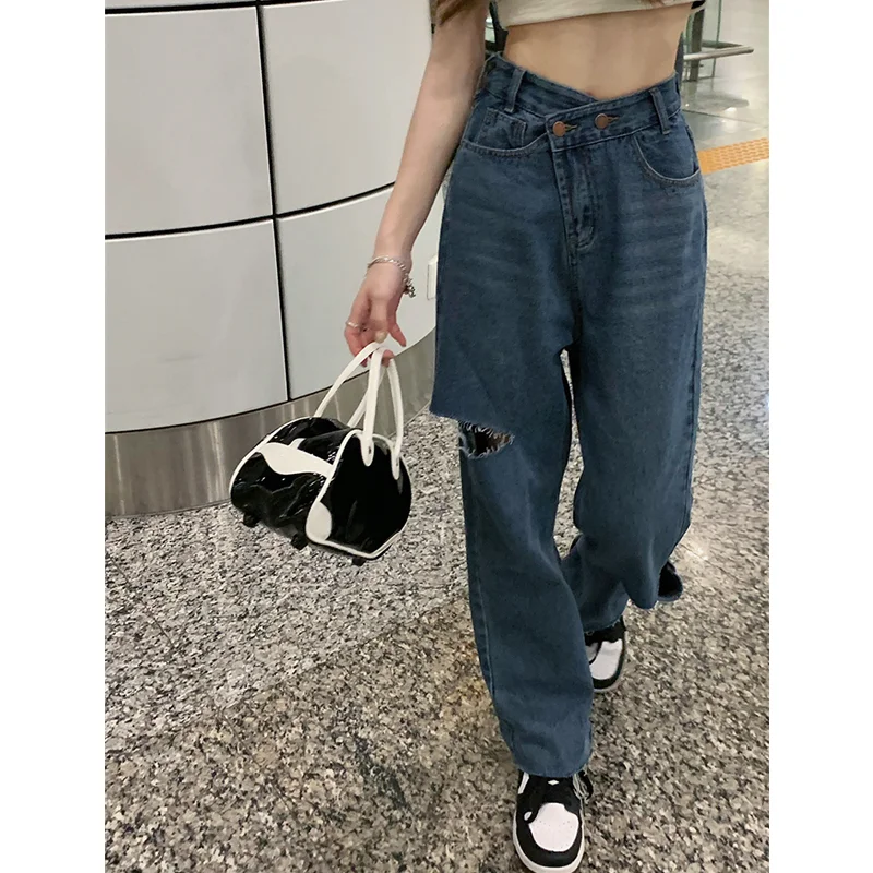 

High Waist Oblique Buckle Women Ripped Jeans New 2021 Summer Streetwear Baggy Vintage Wide Leg Trouser Mom Straight Denim Pants