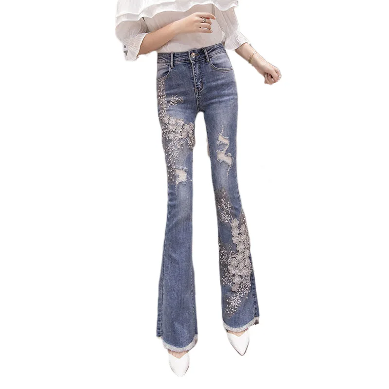 

Women's flared jeans women's 2021 new high-waisted fringe heavy embroidered beaded fishtail slim slimming