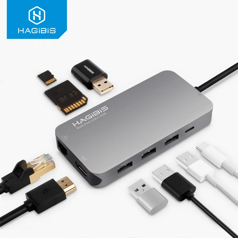 

Концентратор Hagibis 9 в 1 Type-c 3,0 USB-C к HDMI-совместимый кард-ридер 4K SD/TF PD зарядка гигабитный Ethernet адаптер для MacBook Pro