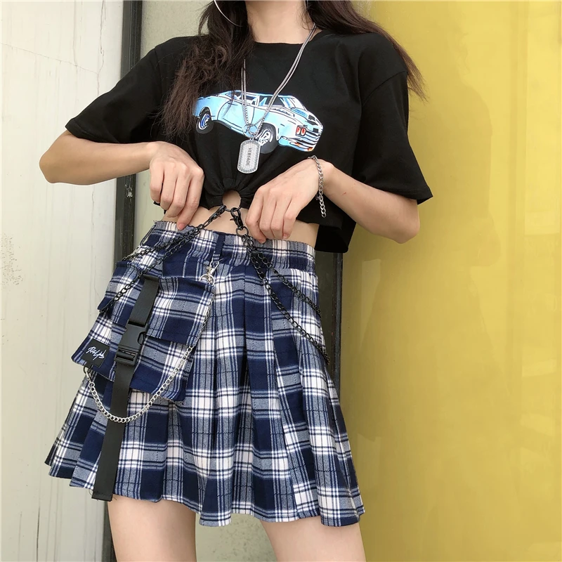 Готический панк-Юбка Для Женщин Harajuku с высокой талией сеть карманы