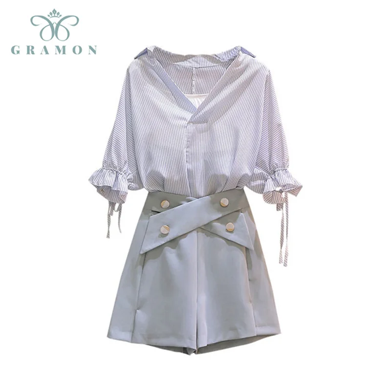 

Женский комплект из двух предметов, рубашка в полоску с V-образным вырезом и шорты с широкими штанинами с высокой талией в Корейском стиле ол...