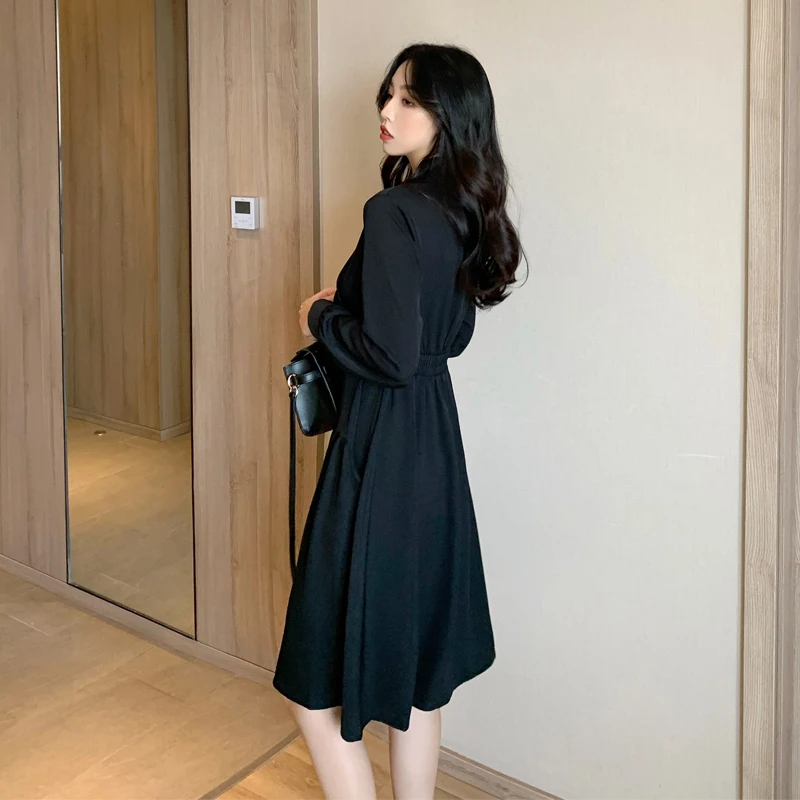 

High Quality Black Dress Shirt for Women Elegant Spring Long Dress Female One Piece 2021 Robe V-neck New Design Korea Trench