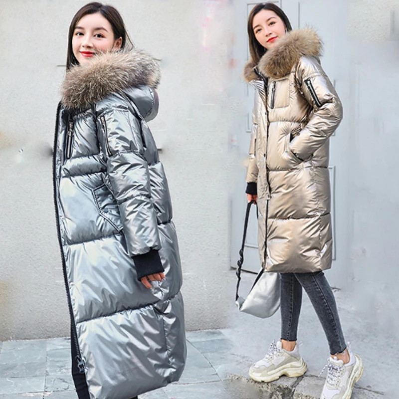 Модные блестящие куртки на белом утином пуху Женская Длинная зимняя куртка с