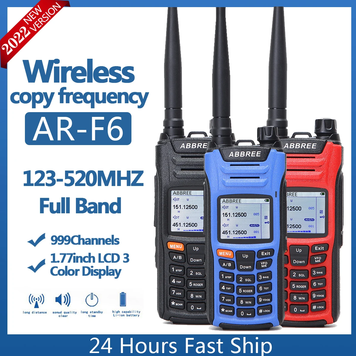 ABBREE AR-F6 136-520МГц Полоса полного диапазона Walkie talkie Автоматическое беспроводное копирование частоты Радиостанция Ham Более крупный LCD цветной дисплей включен
