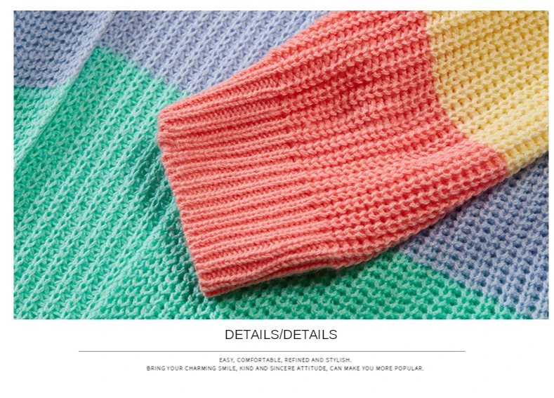 

Women's elegant Loose Sweater Yellow Casual Coat Women Rainbow striped long cardigan female Autumn Winter knitted sweater Jacket