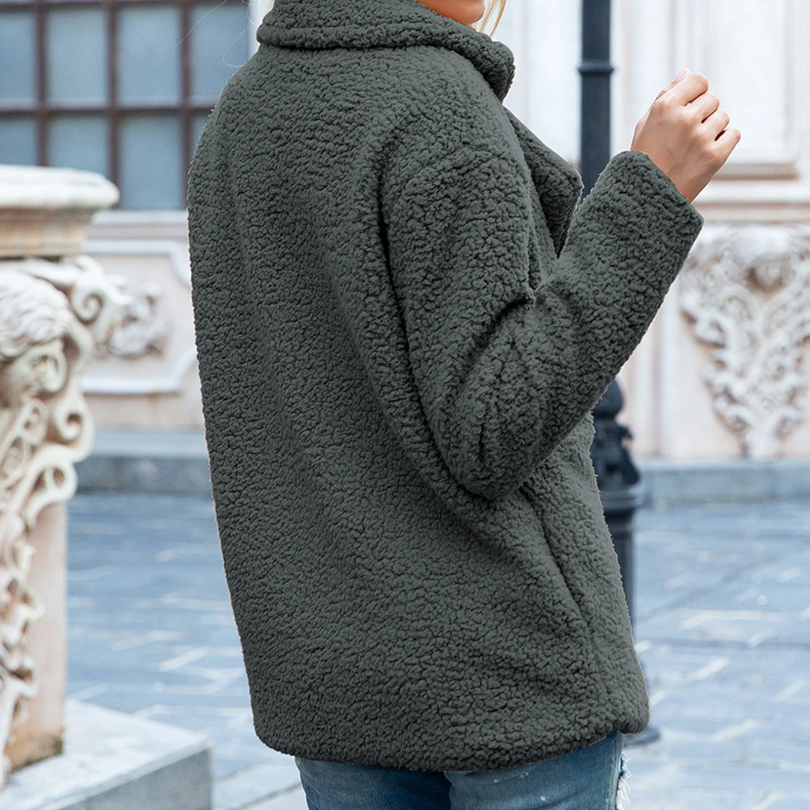 

Autumn Winter Women Faux Fleece Long Sleeve Lapel Jacket Buttons Warm Loose Coat