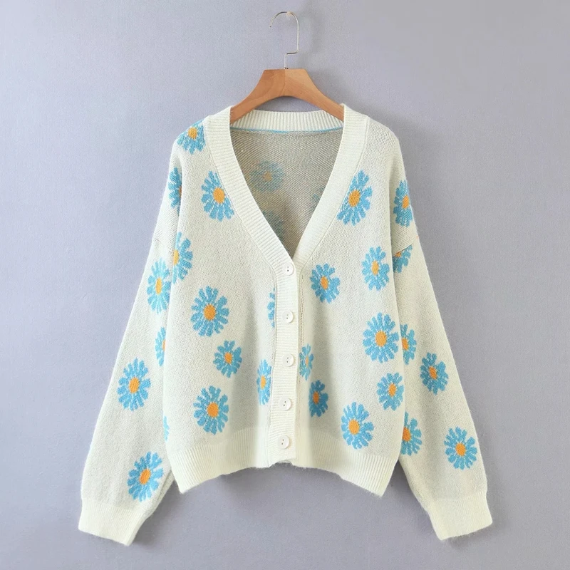 

Sweet Women Sweater Button Down Knit Cardigan Casual Long Sleeve V Neck Floral Print Loose Knit Coat