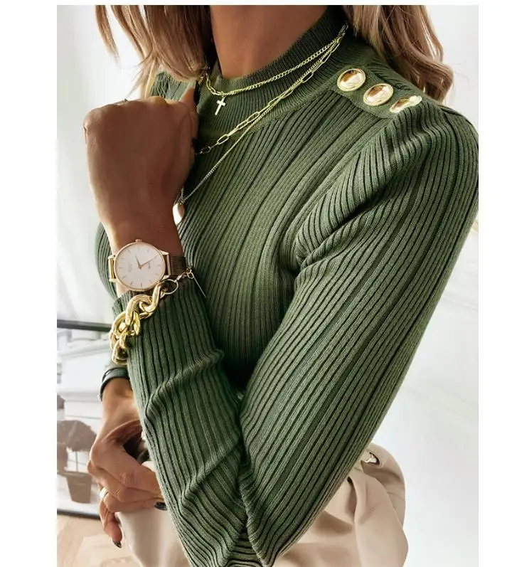 

Fall Women's Fashion Solid Color Knitted Top High Neck Long Sleeve Basic Shirts Pullover Solid Shirts Tops Party Streetwaer New