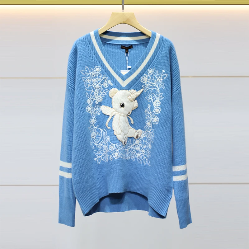 

100% Brand Fashion Women High Luxury Autumn Winter New Sweet Lady Embroidery V Neck Wool Knitted Sweater