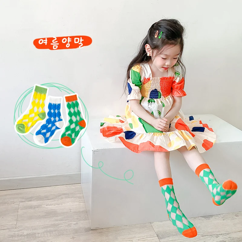 

New Baby Children's Socks Transparant thin for Girls Cotton Nylon Diamond Plaid Summer 3pairs lot