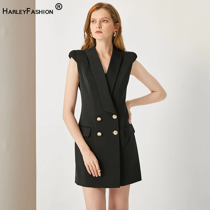 

Женское прямое мини-платье без рукавов HarleyFashion, классическое черное платье-чехол с наплечниками и отложным воротником, лето