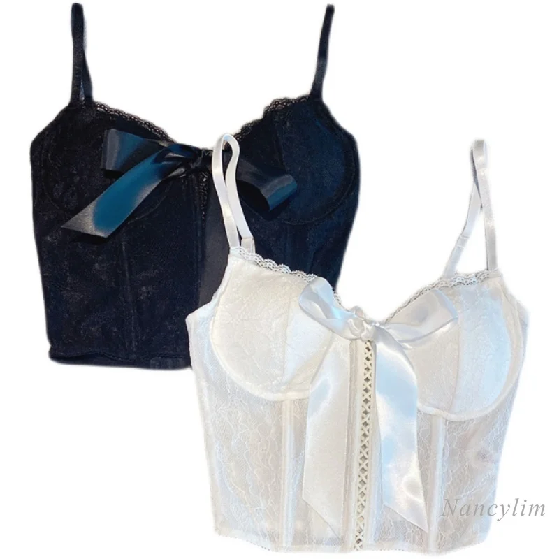 

Lace Bra for Women New Temperament Satin Bow Camisole Tank Top Female Clothes White Black Nancylim