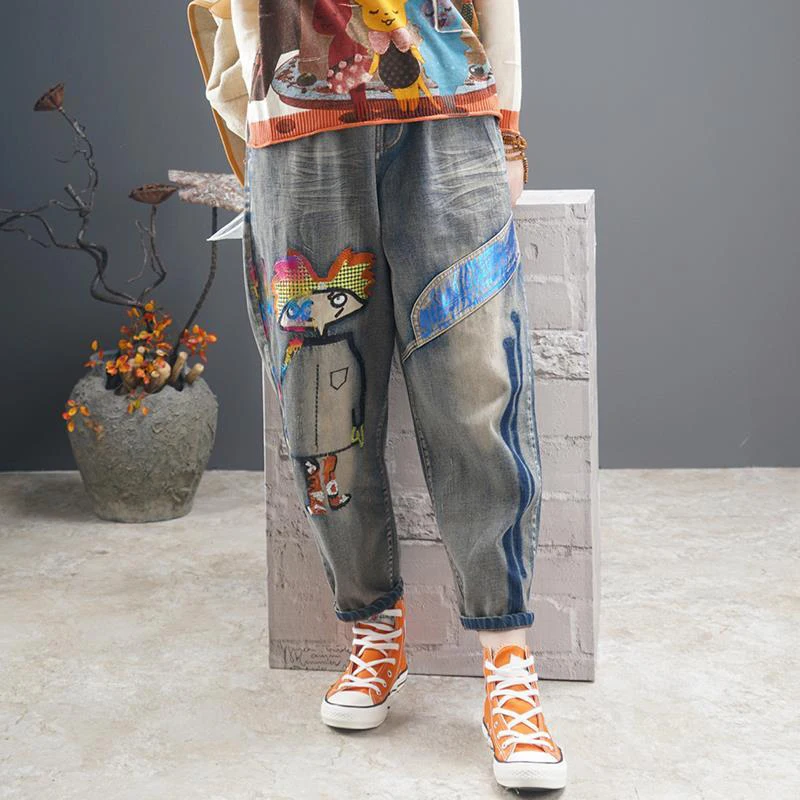 

2019 Autumn New Arrival Women Cotton Denim Harem Pants Elastic Waist Cartoon Embroidery Vintage Loose Jeans High Quality D550