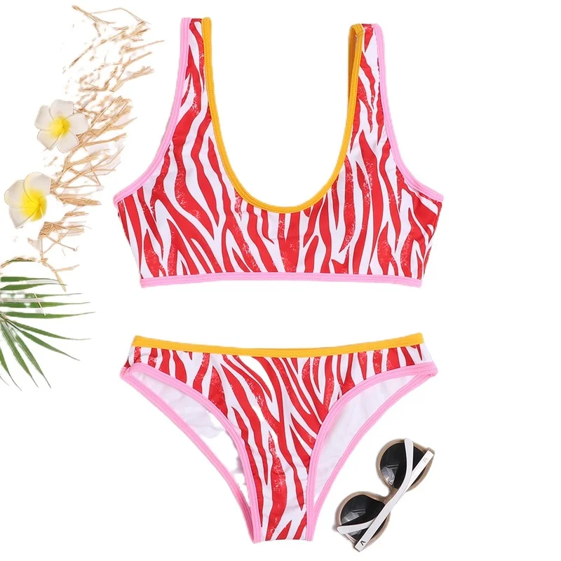 

2021 New Swimwear Sexy Stripes Split Exercise Bikini 2-Piece Swimsuit Female Wire Free Polyester