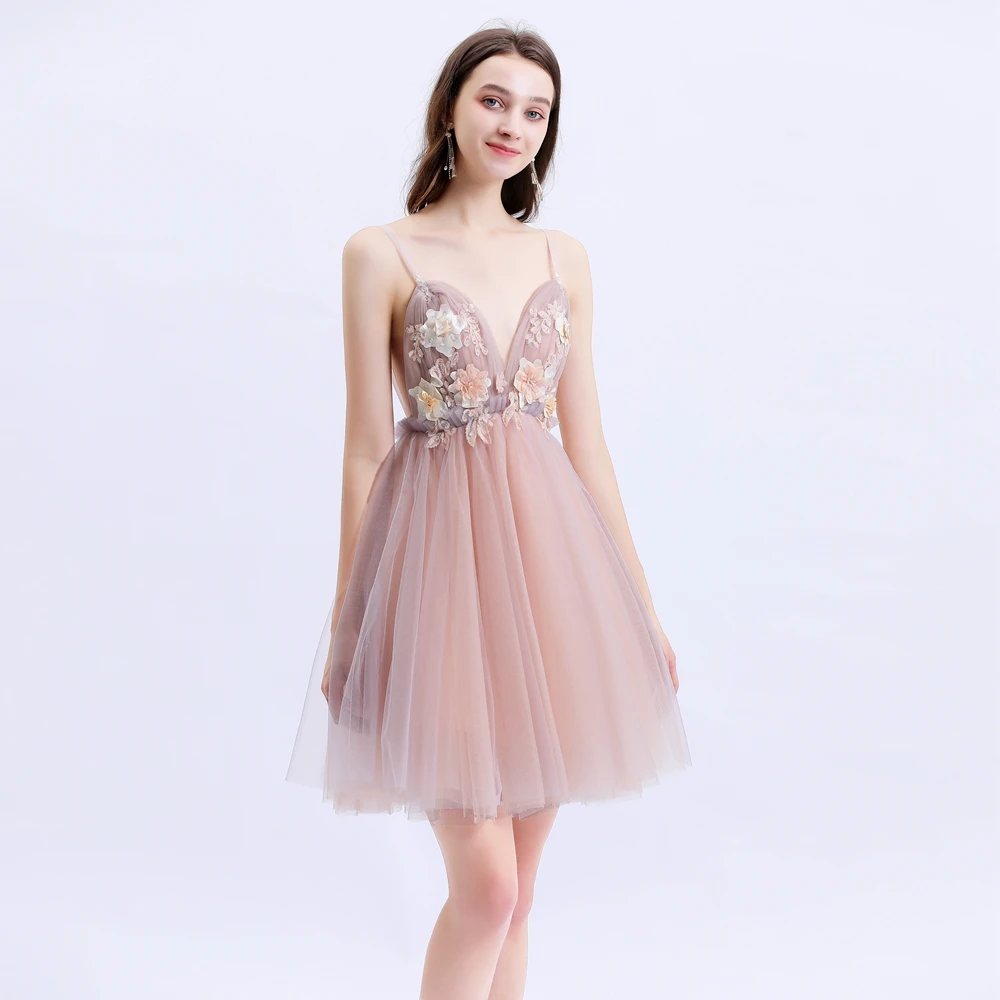 

AnXin SH Princess pink flower lace evening dress vintage sexy illusion Spaghetti Strap backless party beach short evening dress