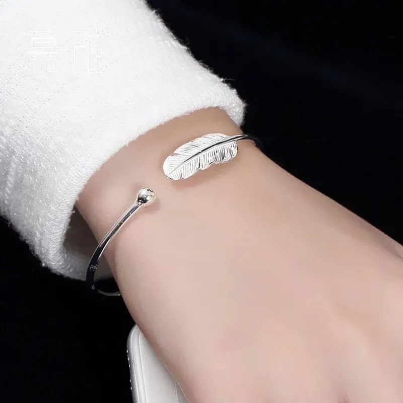 Модные красивые 925 стерлингового серебра перо манжеты браслеты и для женщин
