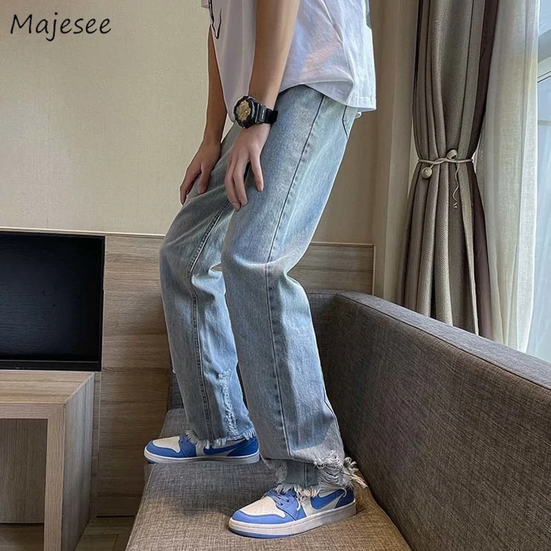 

Men Jeans Autumn Hole Straight High Street Zip-up Denim Trousers Washed Hip-hop Harajuku BF Streetwear All-match Mens Pantalones