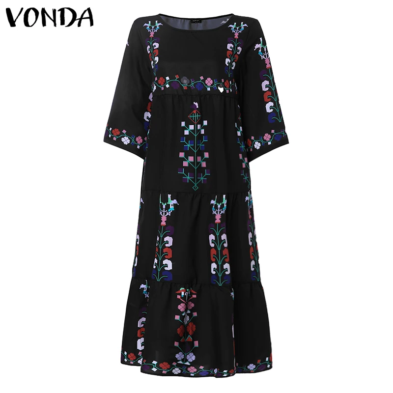 Bohemian Women Vintage Print Dress VONDA Sexy O Neck 3/4 Sleeve Maternity Dresses Plus Size Casual Loose Vestidos Femme