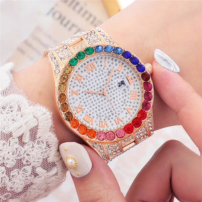 Reloj de cuarzo con correa de acero para mujer, cronógrafo con calendario de diamantes a todo Color, a la moda, nuevo estilo romano