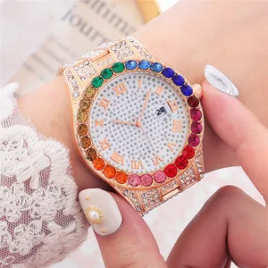 Imported Color full diamond calendar fashion steel belt women's watch new style Roman literal quartz watch