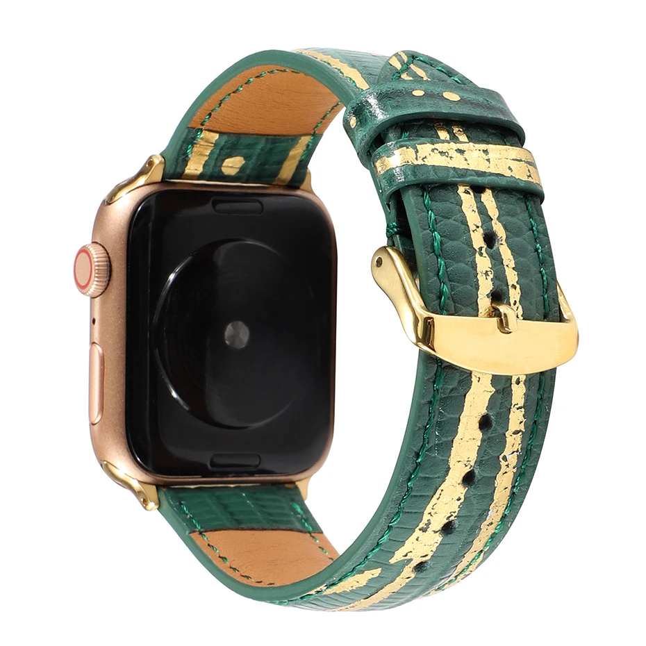 

Ремешок из натуральной коровьей кожи для Apple Watch Band 44 мм 42 мм 40 мм 38 мм, роскошный сменный Браслет для IWatch Series 6 5 4 3 2 1 SE Splash Gold