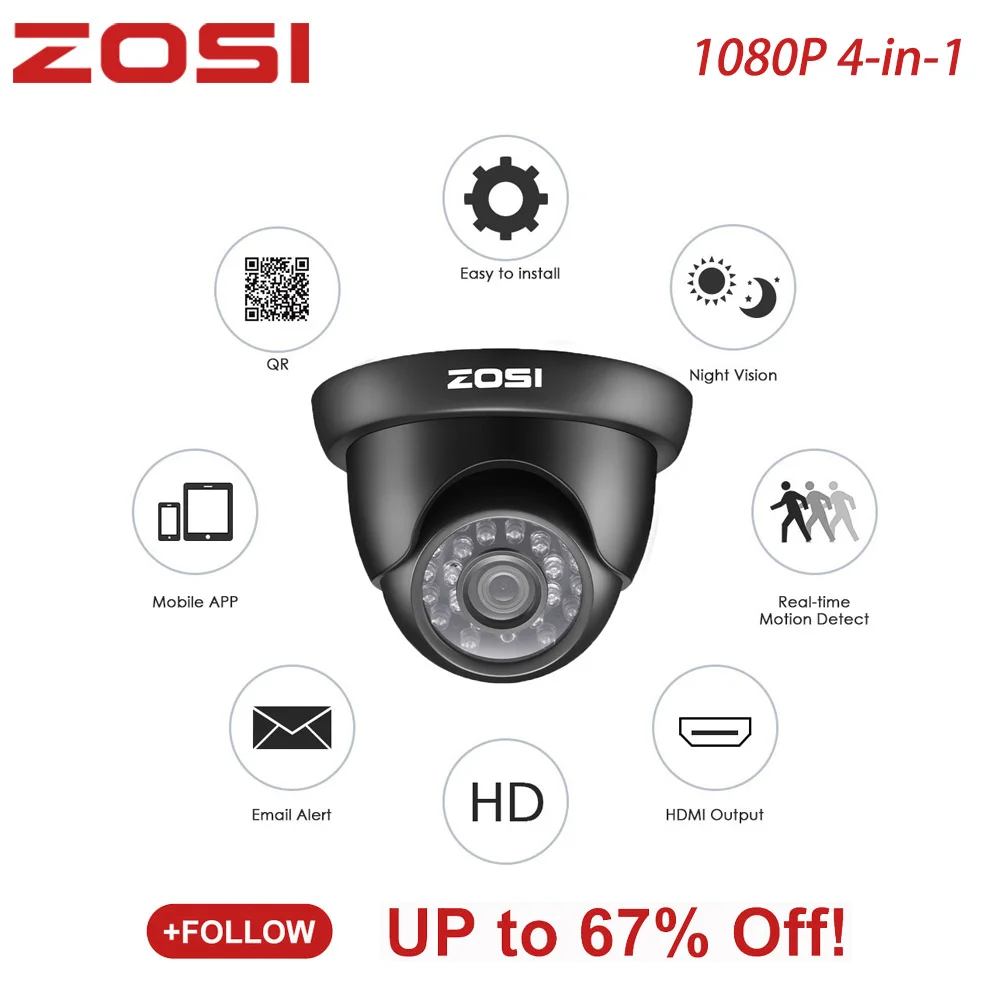 ZOSI 1080P TVI CVBS AHD CVI 4-в-1 HD видеонаблюдения Купольная Камера с IR-Cut фильтром Ночное видение и IP67 для любых погодных условий CCTV Камера