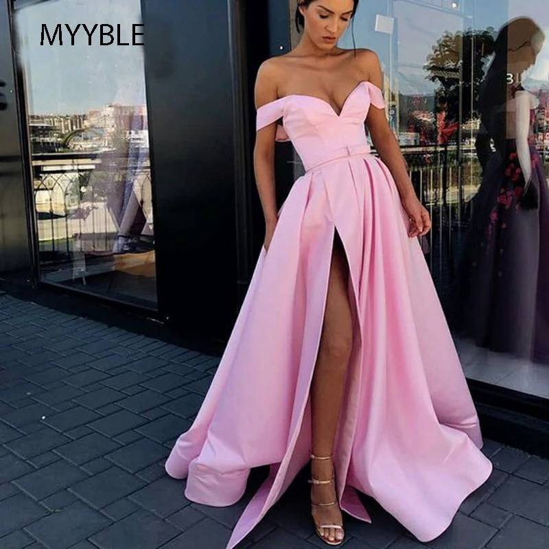 

Red Prom Dresses 2020 Off the Shoulder High Slit Long Prom Gown with Pockets vestidos de fiesta largos elegantes de gala