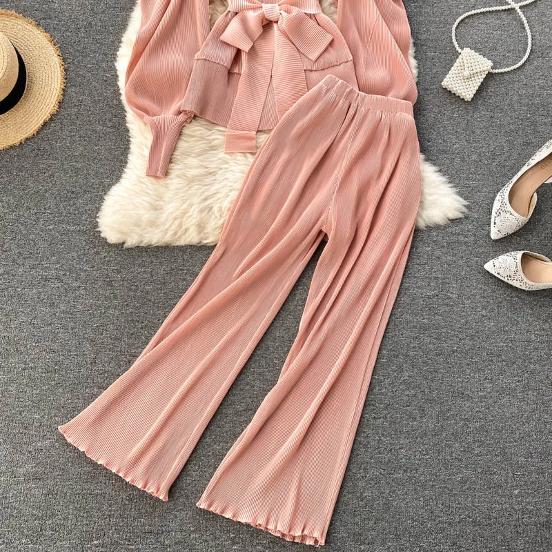 

Light Mature Style Women's 2021 New Trendy Heavy Industry Pleated Chiffon Puff Sleeve Top + Wide Leg Pants Suit