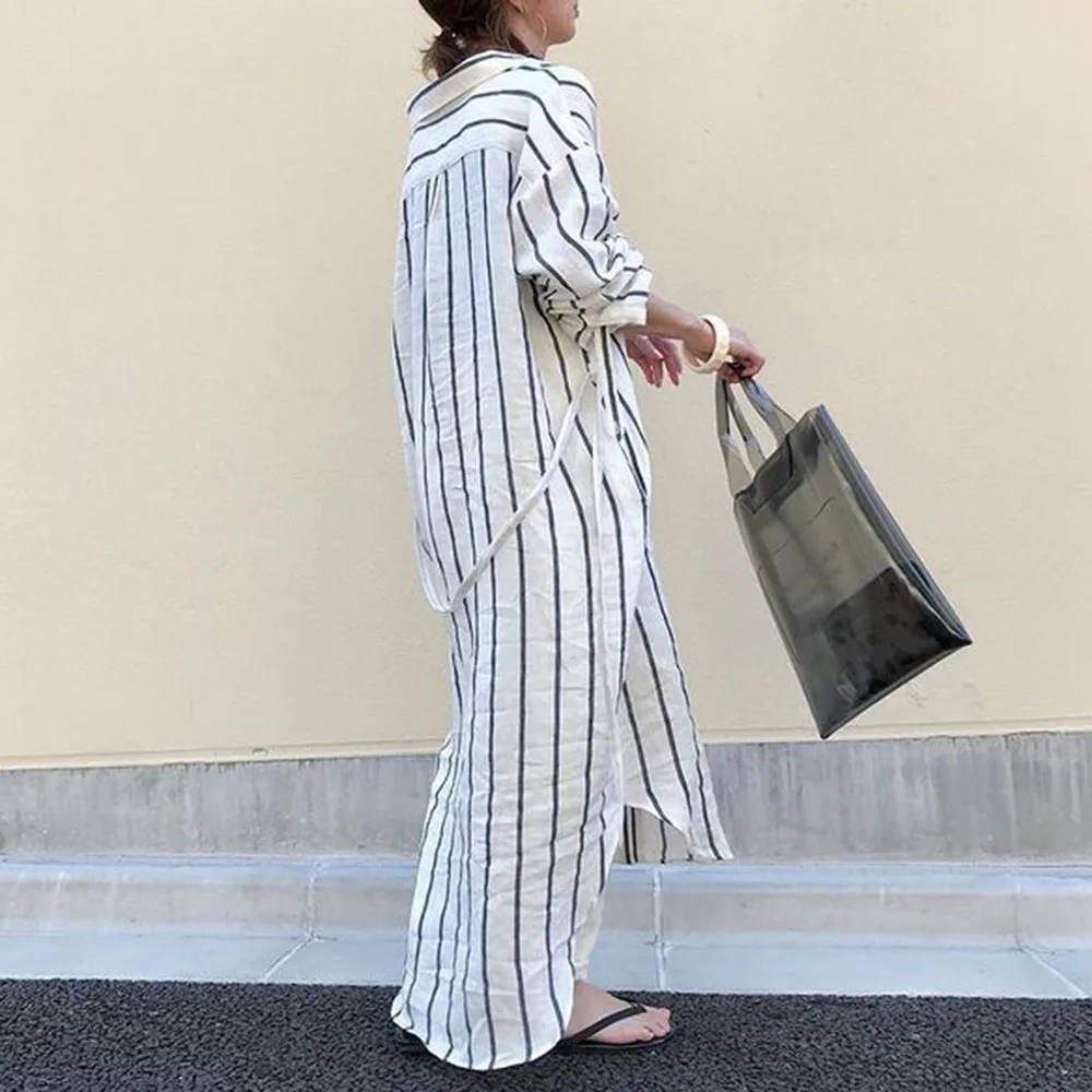 

Dress Korean Style Women 2021 New Korean Younger College Style Solid Color Loose Stripe Patchwork Long Shirt Dress For Women