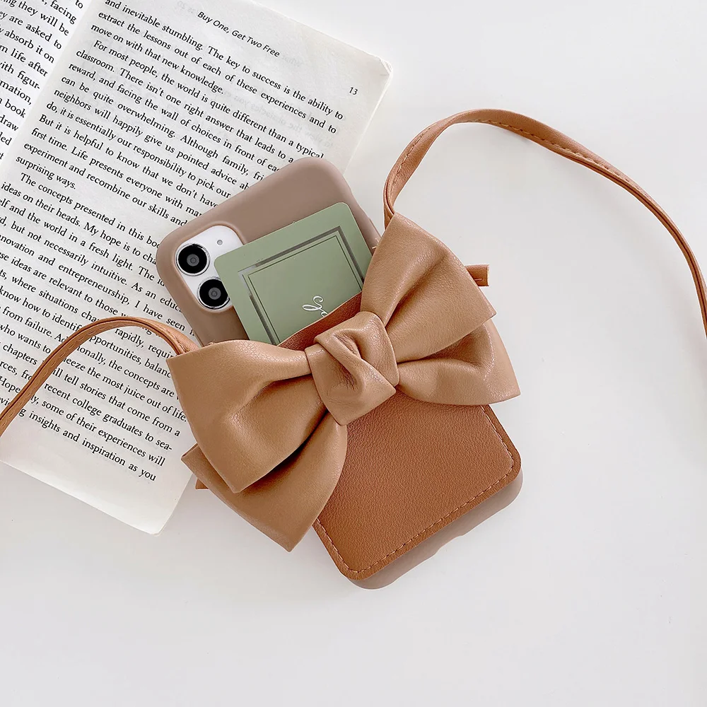 

For iPhone 6 7 8 Plus X XR XS Max 11 2 13 Pro Max Mini Fashion Big Bow Card Pocket Purse Case Phone Shell Crossbody Back Cover