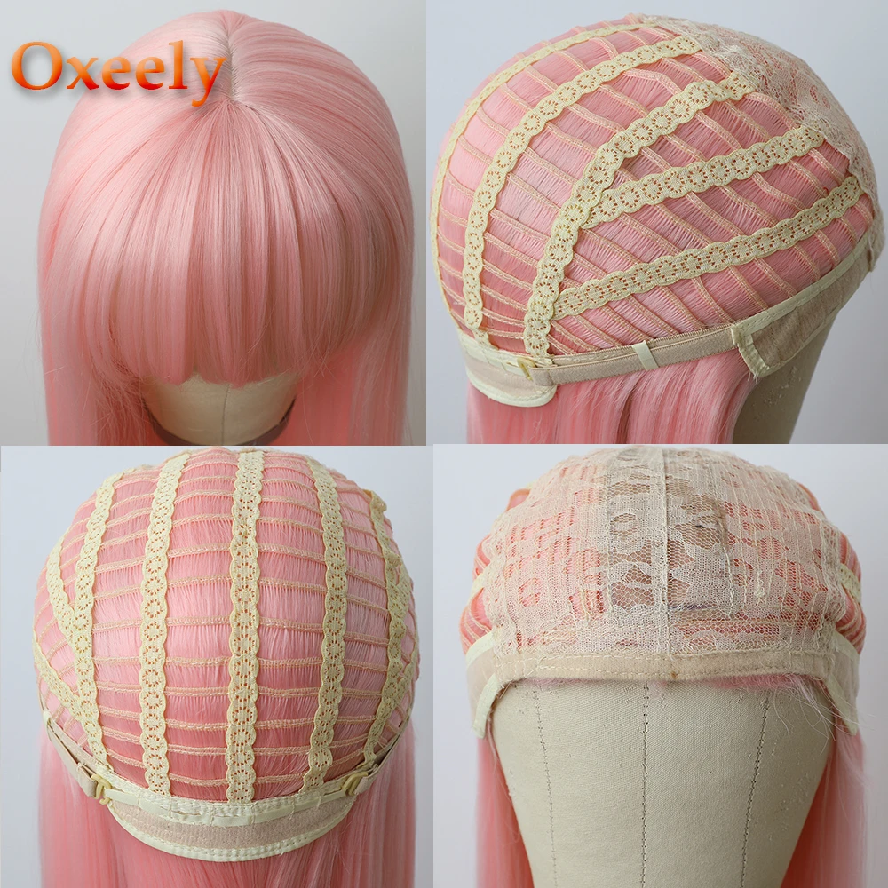 

Oxeely Pink Hair Synthetic Wigs for Fashion Women Long Straight Red Color Wig Air Bangs Heat Resistant Fiber Natural Hair Line
