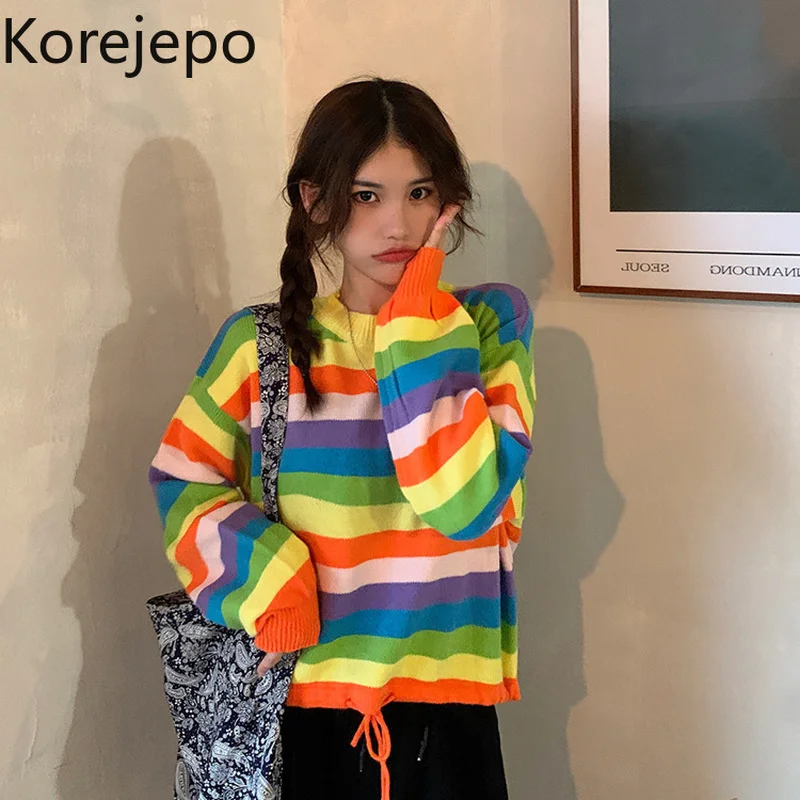 

Свитер женский, в стиле преппи, с радужной полосой, на завязках, осень 2021