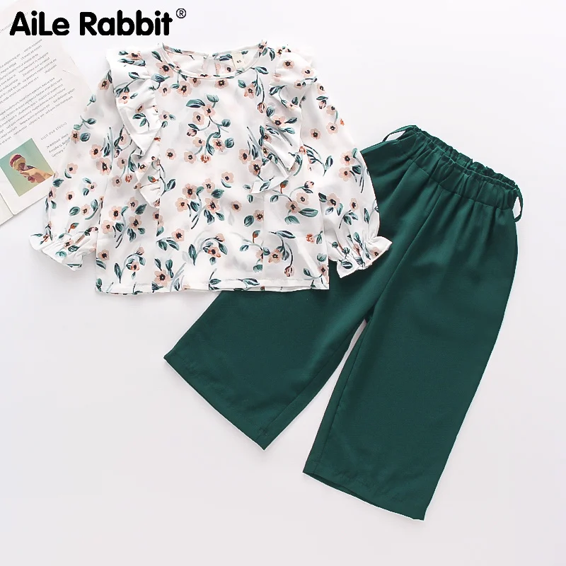 

2021 модный костюм для девочек, Осенний шифоновый костюм с длинным рукавом, топ и брюки, костюм из 2 предметов, брюки с широкими штанинами, кост...