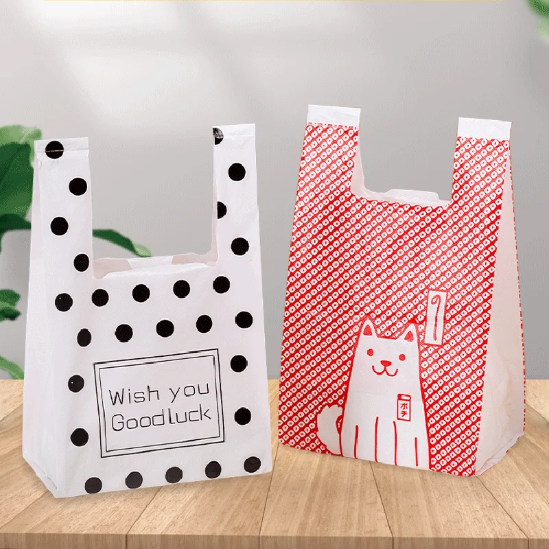 

50pcs Classic Polka Dot Plastic Bag Cute Cat Kitten Girl Boutique Store Shopping Bag Gift Packaging Bag