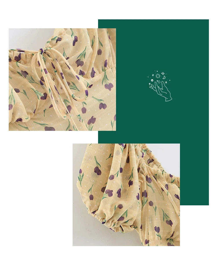

Summer Chiffon Tulip Flower Print Fairy Dress Vintage Elegant Puff Sleeve Boho Women Floral Mini Sexy Yellow Dresses 2021 Robe