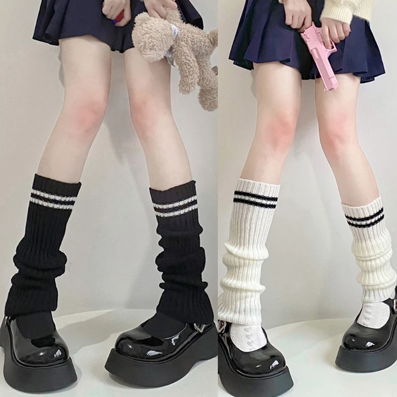 

Women Student Double Striped Knit Leg Warmers Japanese Preppy Style School Uniform Lolita Boot Cover Crochet Ribbed Stretch Tube