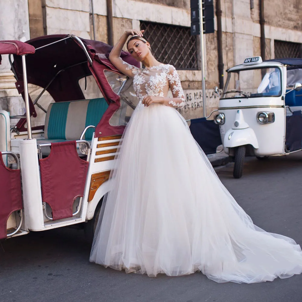 

vestido Princess Tulle Wedding Dress vestidos de novia Long Sleeves Lace Appliques Boho Bridal Dress Illusion Sexy Women Gowns