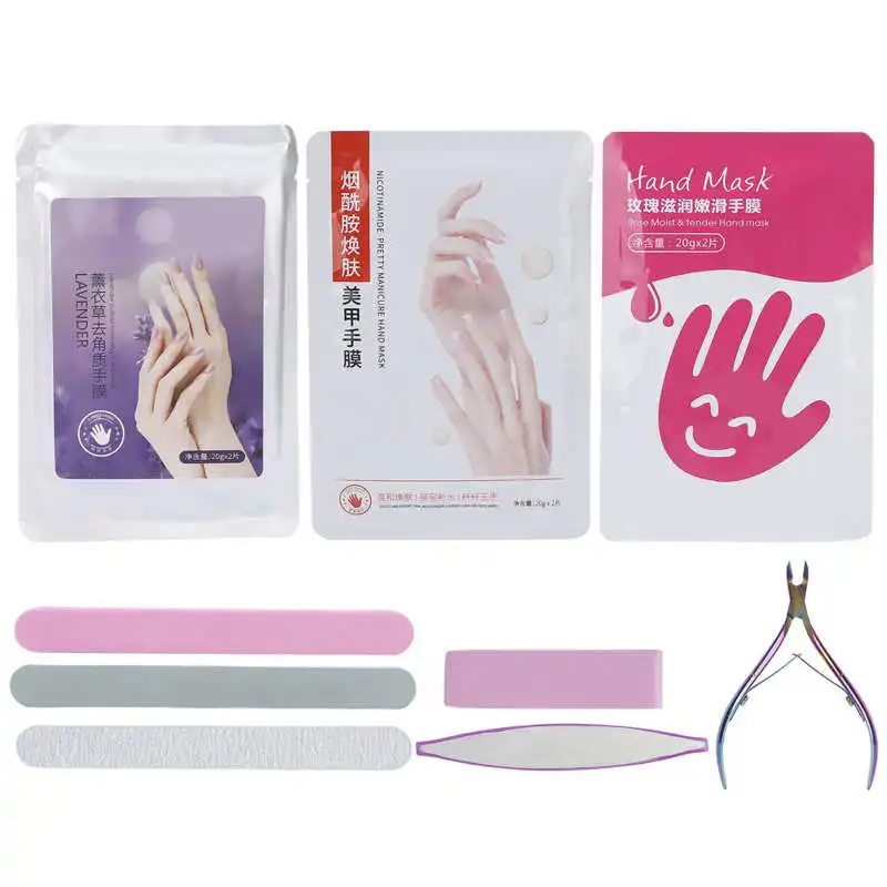 

9pcs Skin Hydrating Exfoliating Hand Mask Nail File Cuticle Nippers Nail Art Tool Set