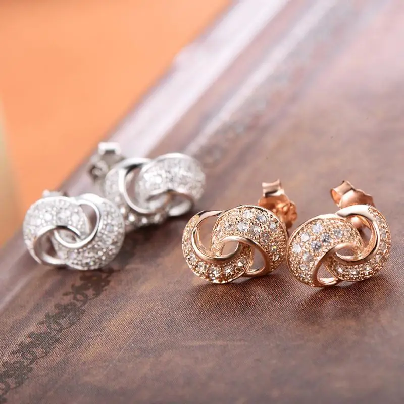

Women Earring Silver Pave Linked Circles AAA Zircon Stud Earring Gift Lady Girl Gift Fashion Jewelry