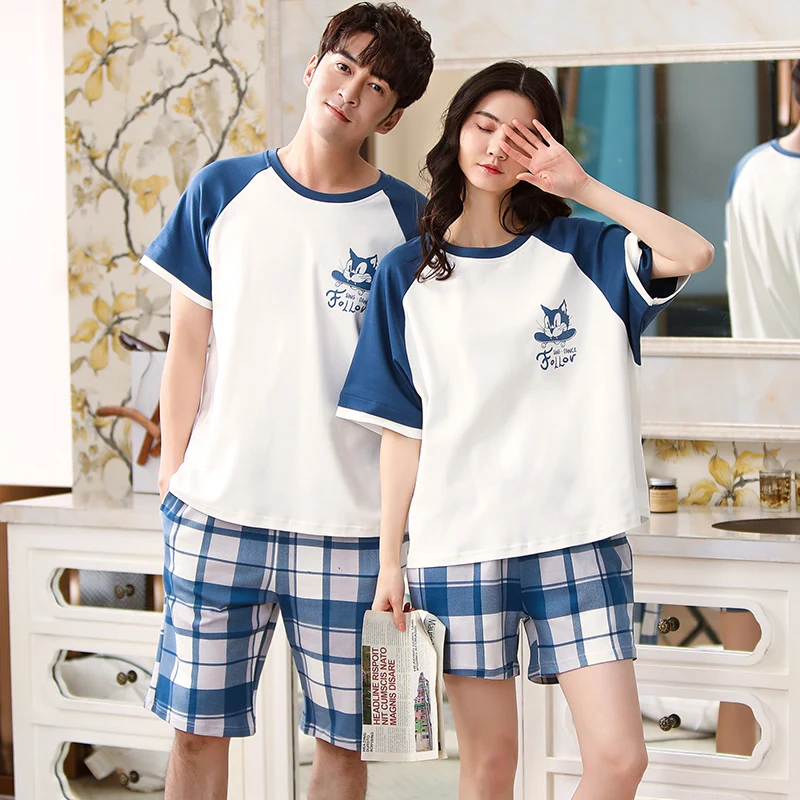 

Summer Korean Color Matching Plaid Shorts Casual Plus Size Sleepwear Cute Personality Round Neck Cat Couple Home Wear Pajamas